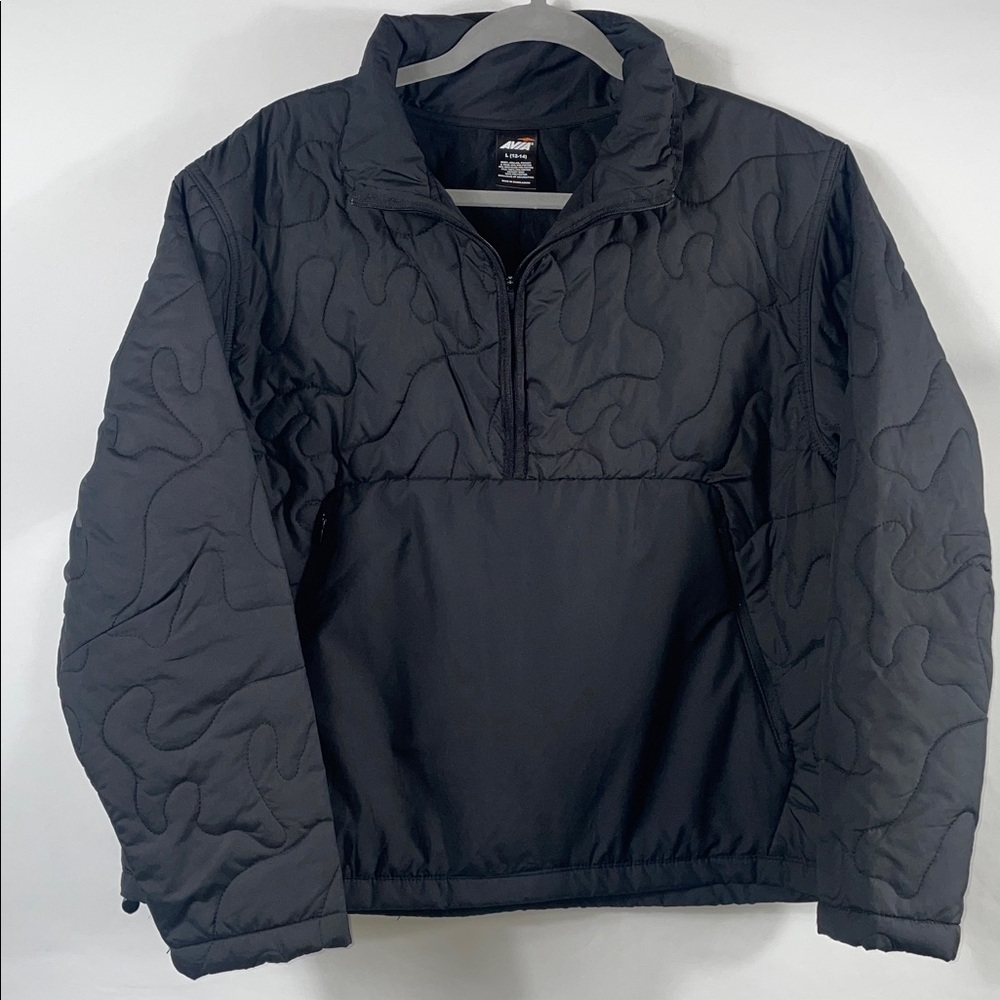 Avia Black Quilted Jacket. Size L. pouch pocket, zipper access, cinch waist